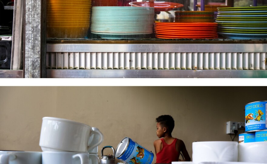 (Top) Food is prepared and served on colorful plates at Maha Yangon tea shop in Yangon. (Bottom) A young boy who works at the Morning Star Cafe tea shop in Yangon boils tea and empties evaporated milk into teacups.