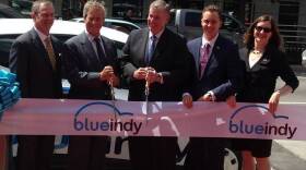 Indianapolis Mayor Greg Ballard, center, at the unveiling of BlueIndy in May 2014.