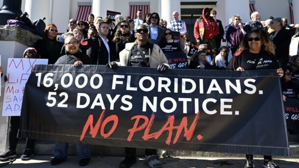 HIV/AIDS advocates protest outside the Capitol in Tallahassee in January against proposed funding cuts.
