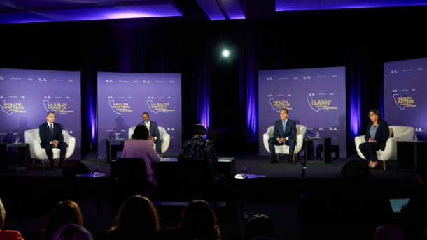 From left, former U.S. Secretary of Health & Human Services Xavier Becerra, California Superintendent of Public Instruction Tony Thurmond, former mayor of Los Angeles and state Speaker Antonio Villaraigosa, and former California state Controller Betty Yee speak during the "Health Matters: A Conversation With Our Next Governor" debate at UC Riverside on Nov. 7, 2025.
