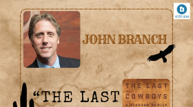 A graphic features a picture of a man with blond hair standing in front of red rocks, and the cover of "The Last Cowboys" by John Branch. 