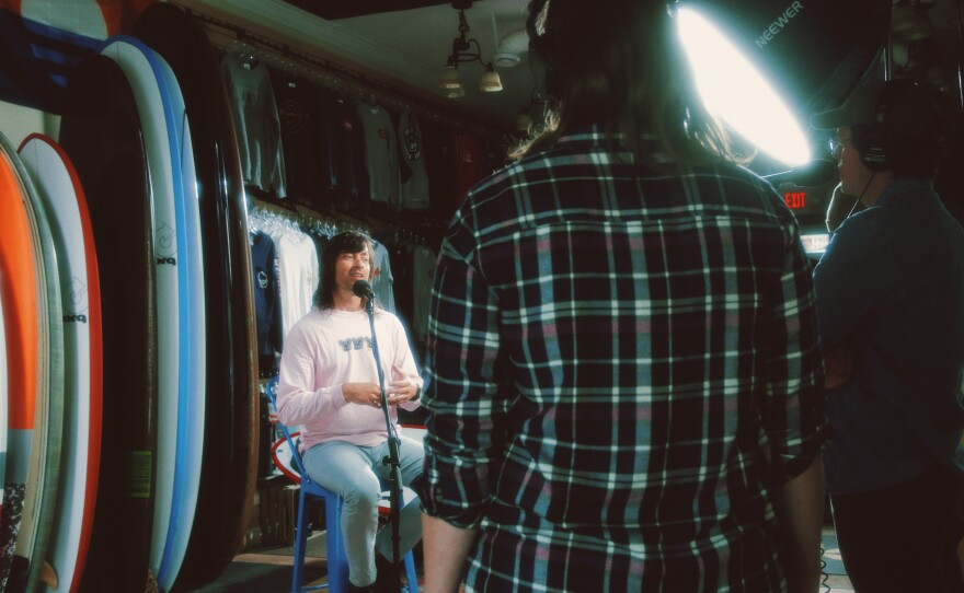 Musician Rhett Miller (center) being interviewed by Lake Effect's Audrey Nowakowski and Milwaukee musician Trapper Schoepp.