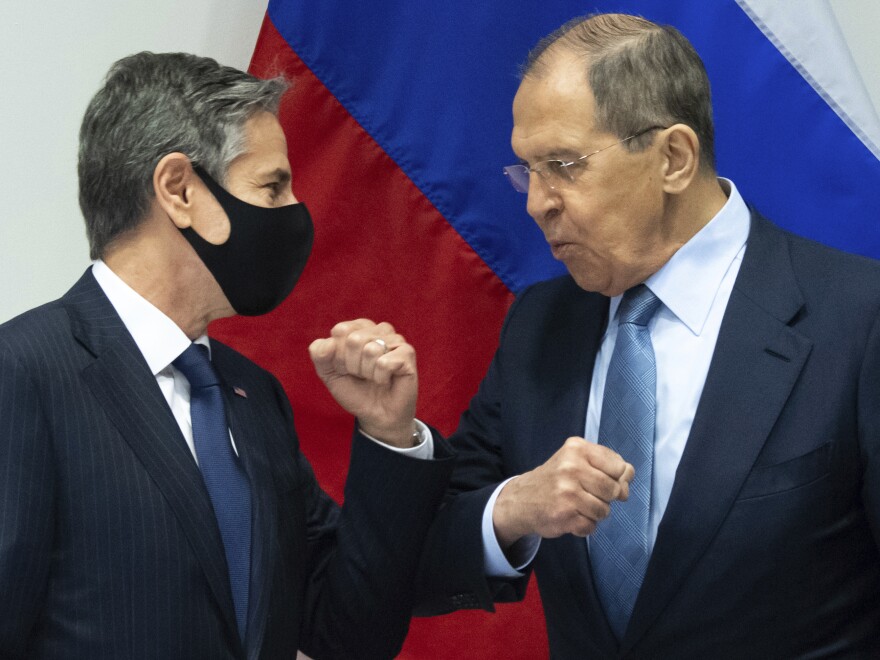 U.S. Secretary of State Antony Blinken (left) greets Russian Foreign Minister Sergey Lavrov as they arrive for a meeting at the Harpa Concert Hall in Reykjavik, Iceland, on Wednesday.