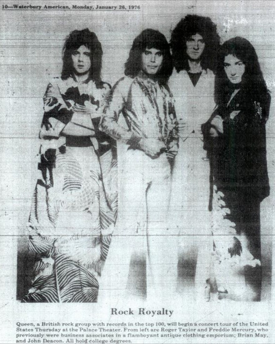 News article on rock band Queen's performance at the Palace Theater