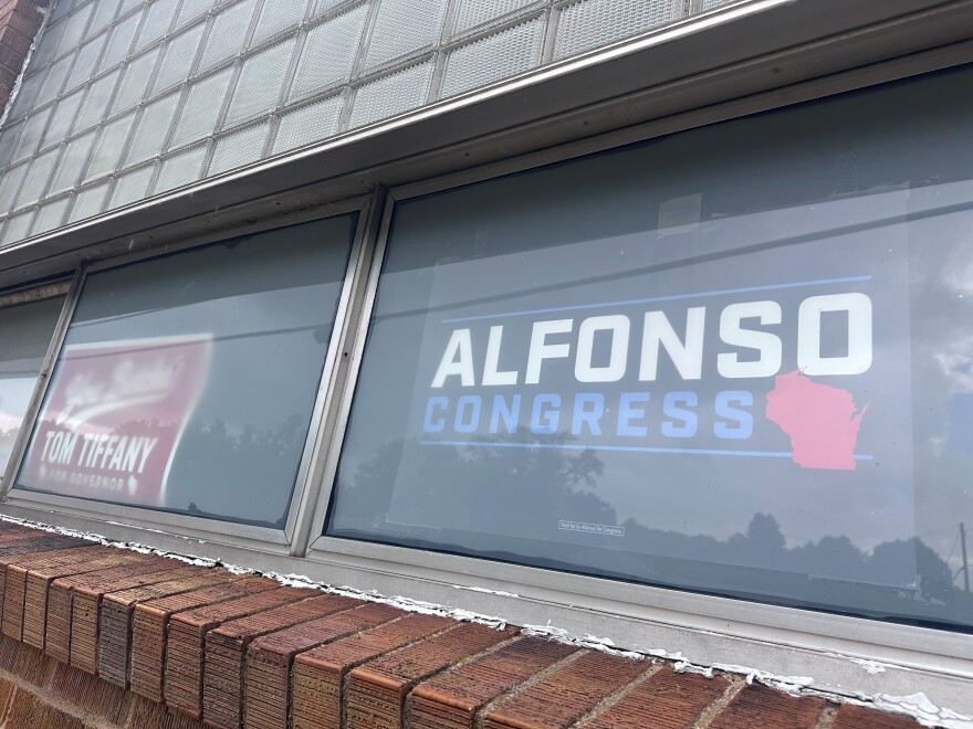 A campaign sign for Michael Alfonso, son-in-law of U.S. Department of Transportation Secretary Sean Duffy, hangs in the window of the Marathon County Republican Party office in Wausau, Wis., on Thursday, June 25, 2026. (AP Photo/Scott Bauer)