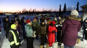 Karen Martin Tichenor addresses attendees at a candelight vigil for Sonia Espinoza Arriaga and her kids on Sunday, Mar. 1, 2026 in Soldotna, Alaska.