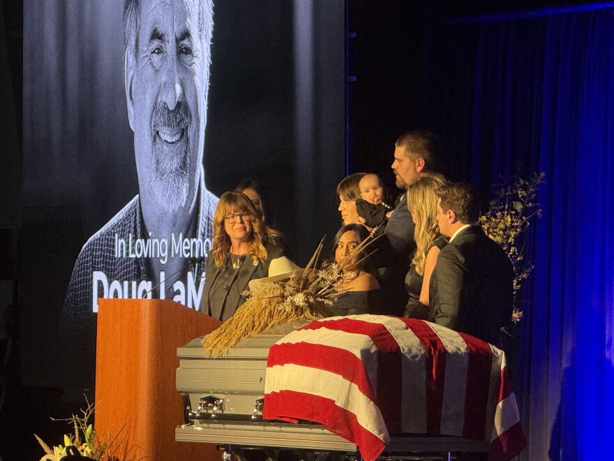 Jill LaMalfa speaking at her husband, Doug LaMalfa's memorial service alongside the LaMalfa fim