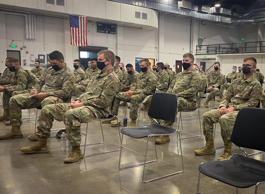  Oregon National Guard soldiers with the 1-186 Infantry Battalion receive an orientation at the Medford Armory Aug. 20 before providing their support to local hospitals.