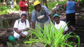 Chagossians weep at the grave of their parents on Peros Banos Island April 10, 2006. Fifteen elders are allowed to visit once a year.