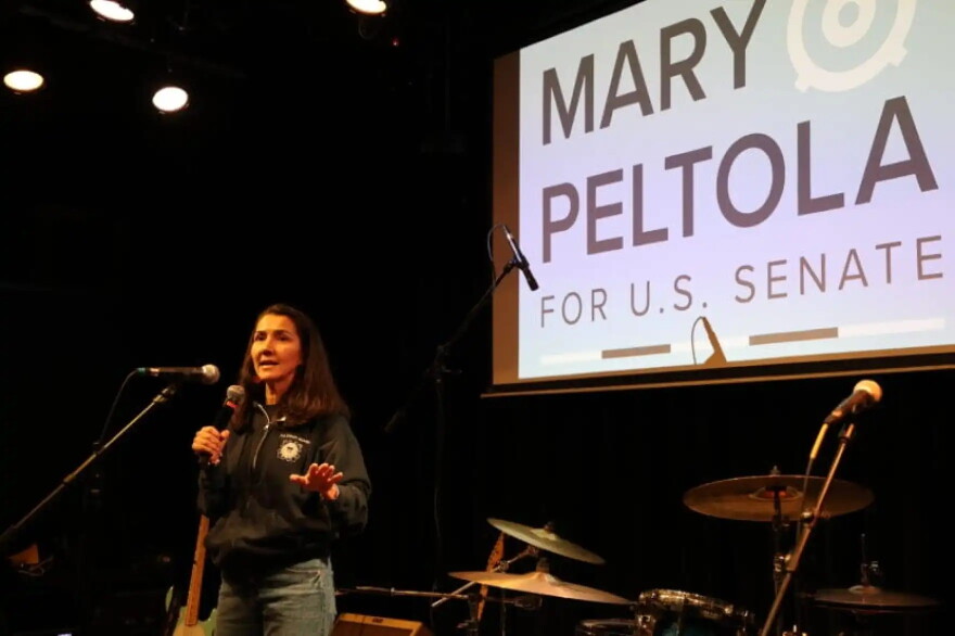 U.S. Senate candidate Mary Peltola addresses a crowd during a campaign rally at the Crystal Saloon in Juneau on Oct. 29, 2026.