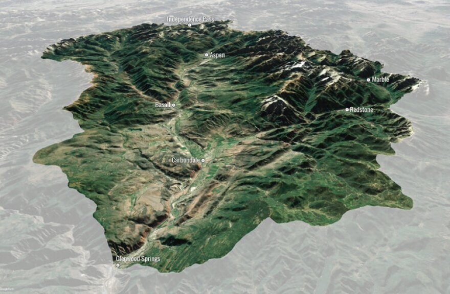 A digital map of the Roaring Fork watershed created by Matt Annabel for the Watershed Biodiversity Initiative’s biodiversity study. The watershed includes the Frying Pan, Roaring Fork and Crystal River drainages.