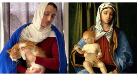 A feline recreation of Madonna and Child by Lauren Lucchesi for Newfields.