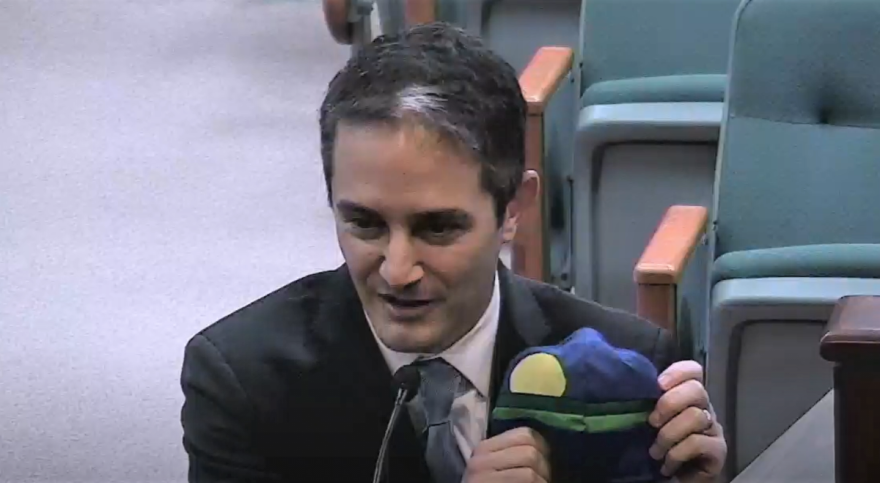 Alan Rosen shows off the mask his wife made featuring the logo for Lake County -- minus the bird -- during an interview with county commissioners Tuesday. Image: Lake County video