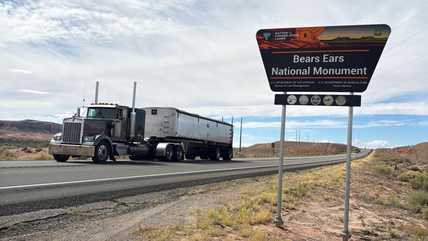 An Energy Fuels truck carries uranium ore from a mine near the Grand Canyon through Bears Ears National Monument to a mill in San Juan County, Utah.