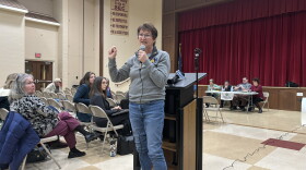 State Representative Maureen Madden spoke to the crowd protesting a warehouse in Pocono Township. The project is on wetlands and borders residents' homes.