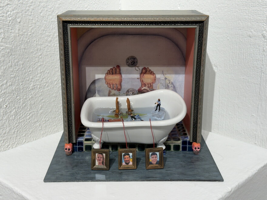 Katherine Gorman, “An Ofrenda for those lost in our streets at the hands of ICE.” “In 1938, Fridays Kahlo painted, ‘What the Water Gave Me.’ This is what the water is giving us in 2026.” Mixed Media.