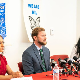 Cain Oulahan (center), Ramon Morales Reyes' immigration attorney, addresses the media, May 30, 2025 in Milwaukee about the detention of his client Ramon Morales Reyes. (AP Photo/Andy Manis, File)