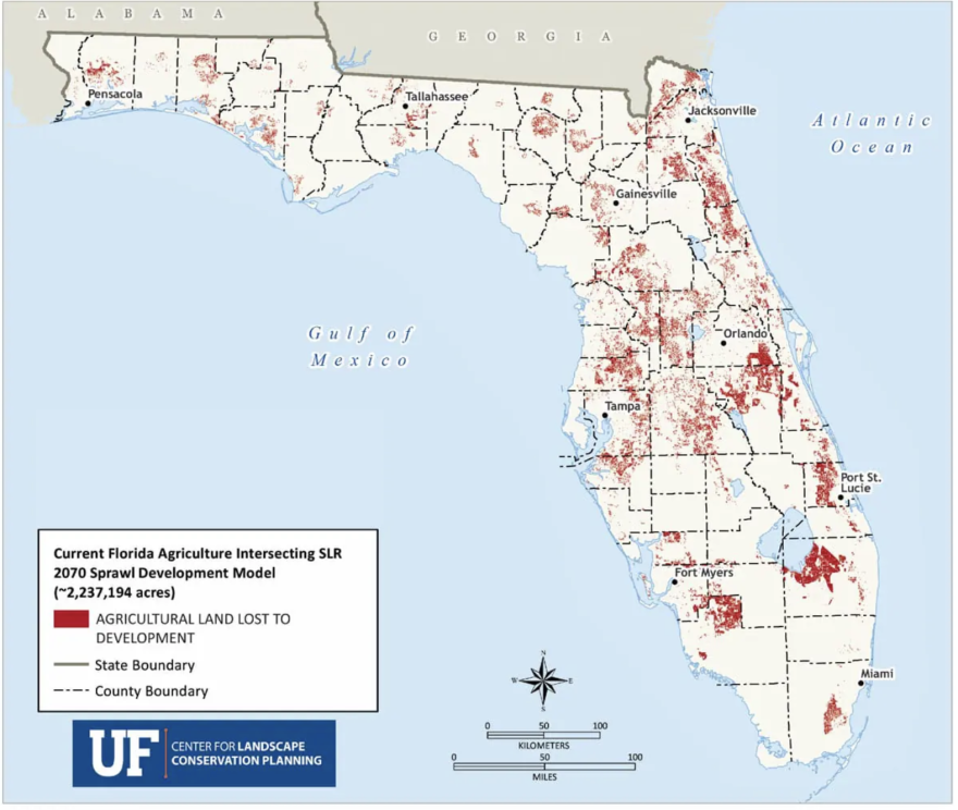 Areas highlighted in red represent agricultural land that could be lost to development if the state stays on track to add 12 million new residents by 2070 without increasing conservation efforts.