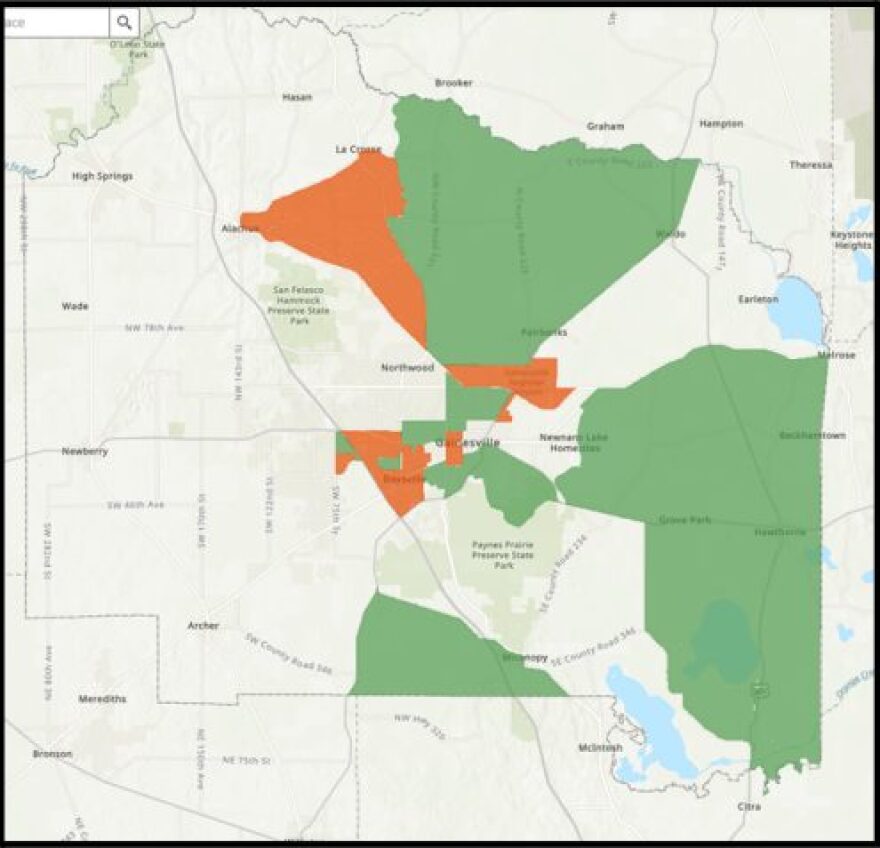 Households automatically eligible for the program are shown in the orange and green shaded areas. (Courtesy of Alachua County)