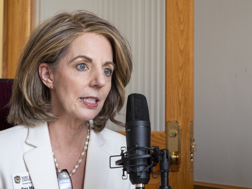 Tisa Mason, president of Fort Hays State University, shown here during an Oct. 29, 2024, podcast interview with Kansas Reflector, told the Legislative Budget Committee the university will be able to keep Sternberg Museum of Natural History open after donations flooded in. Mason initially said the museum would close in December because of state budget cuts.