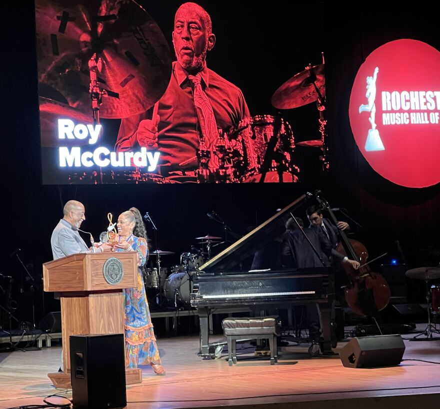 Jazz drummer Roy McCurdy inducted into the Rochester Music Hall of Fame on May 1, 2022, receiving the honor from his daughter, Sydney McCurdy