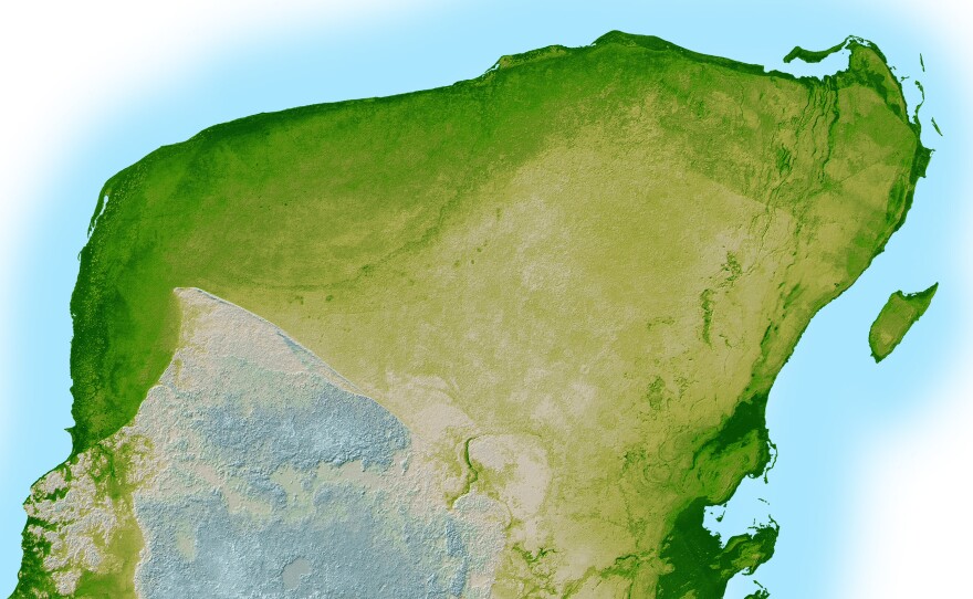 The Chicxulub crater from the impact that's widely believed to have caused the Cretaceous-Tertiary Extinction 65.5 million years ago is visible here in a shaded relief image of Mexico's Yucatan Peninsula.