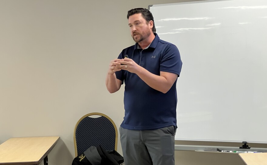 Brainerd Mayor Dave Badeaux presents information on the city's requests for state dollars during the Minnesota Senate bonding tour Oct. 8, 2025, at the Brainerd Public Utilities wastewater treatment facility in Baxter.