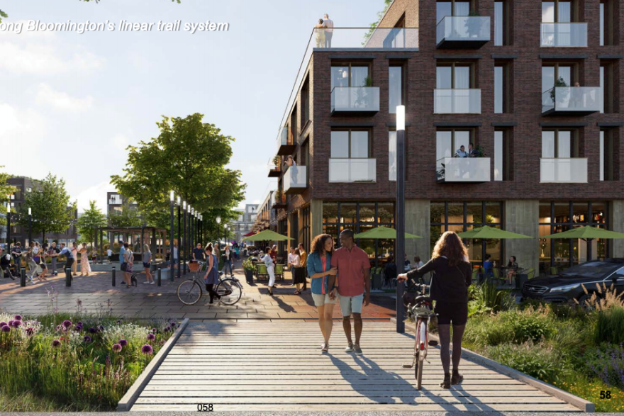A potential look at a new plaza along the B-Line Trail after the hospital site is redeveloped.