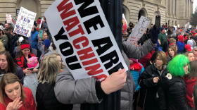 Teachers and state workers rally against proposed pension reforms outside the state Capitol during the 2018 Kentucky General Assembly.