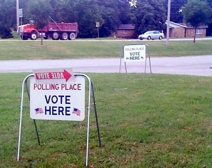 Signs mark the polling place at Forest Park Christian Church at 91st and Mingo in Tulsa.