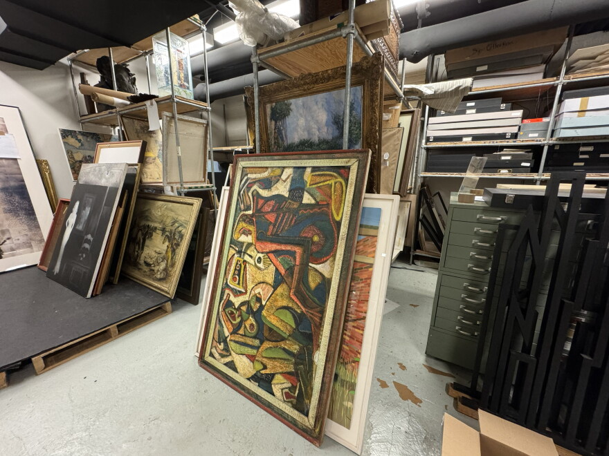Paintings in the Cleveland Artists Foundation collection as they appeared in storage at the West 78th Street Studios before the organization moved to a new location on Prospect Avenue. 