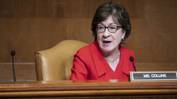 Sen. Susan Collins, R-Maine, speaks during a Senate Appropriations subcommittee on Commerce, Justice, Science, and Related Agencies hearing on the proposed budget for fiscal year 2022 for the Office of the U.S. Trade Representative on Capitol Hill on Wednesday, April 28, 2021, in Washington.