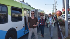 Kirk Hovenkotter, left, leads the Transportation Choices Coalition's Walk and Talk during the Washington Traffic Safety Summit in Spokane.