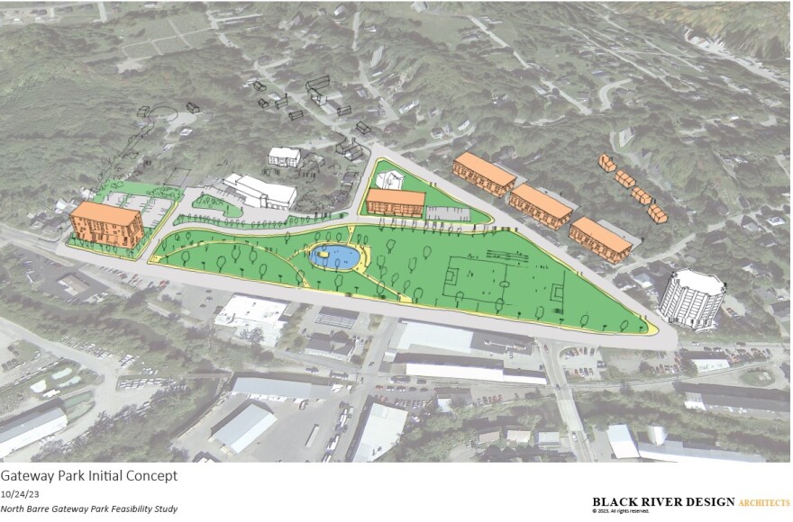 A conceptual drawing shows a park with an angular point surrounded by several new buildings, overlaid on a black and white photo of a city from above