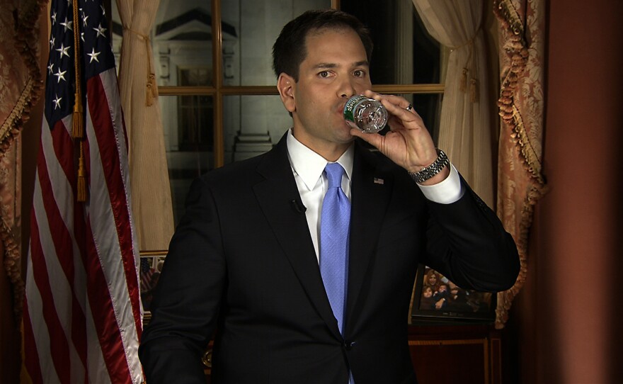 In this frame grab from video, Florida Sen. Marco Rubio takes a sip of water during his Republican response to President Obama's 2013 State of the Union address.