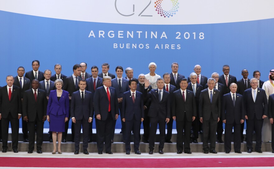 Crown Prince Mohammed bin Salman appears on the sideline of the official "family photo" of world leaders taken on Nov. 30, 2018 at the G-20 summit.