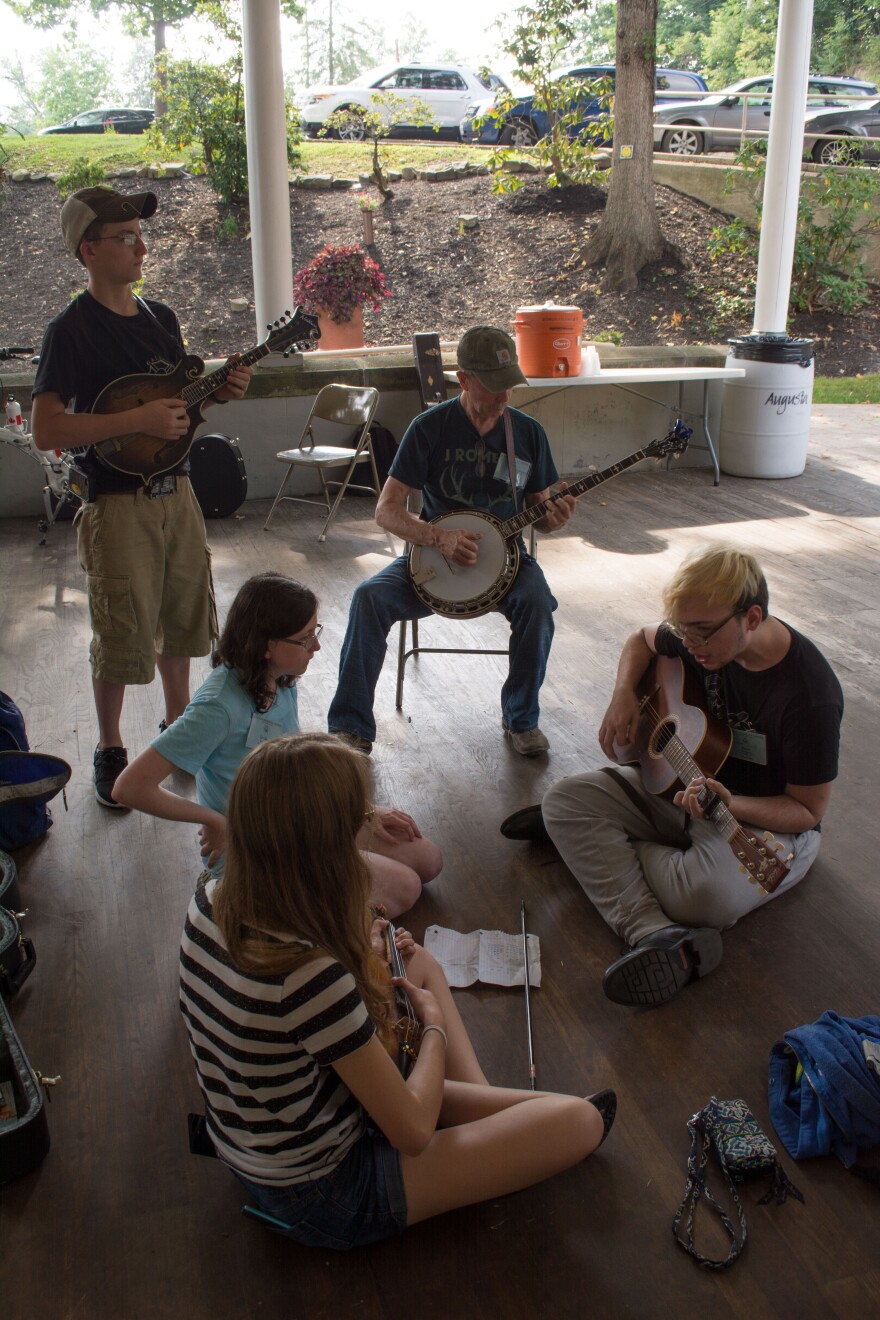 Two students from Wheeling Park work on a song with other Augusta participants.