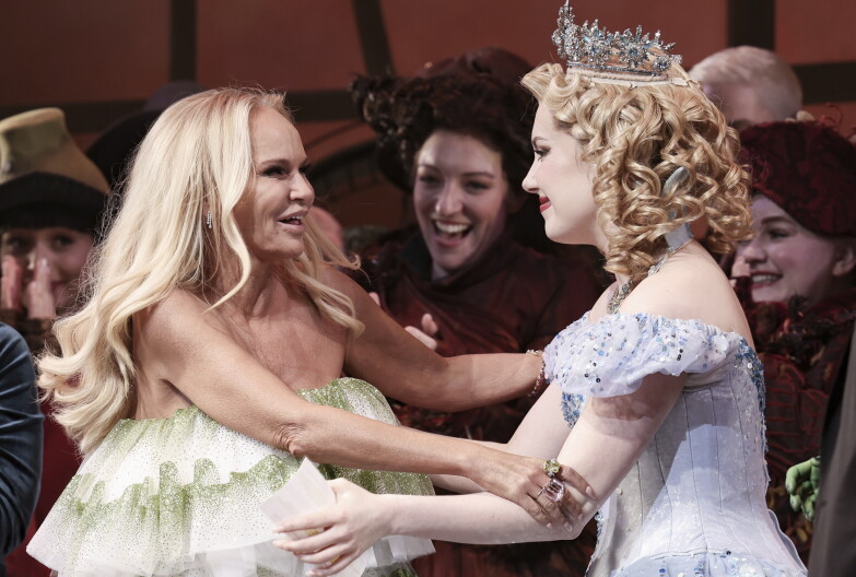 Kristin Chenoweth, left and McKenzie Kurtz participate in the curtain call during the 20th anniversary performance of "Wicked" on Monday, Oct. 30, 2023, at Gershwin Theater in New York.