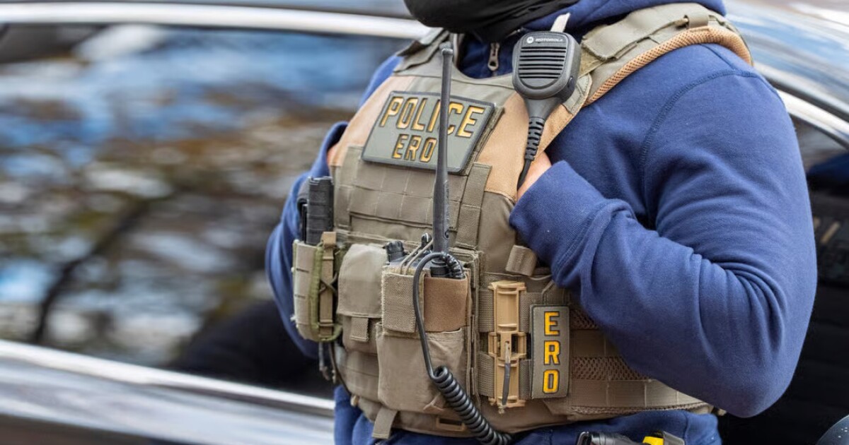 Federal law enforcement officers with Immigration and Customs Enforcement (ICE) and Enforcement and Removal Operations (ERO) conduct a traffic stop and detain people on Monday, Nov. 17, 2025.