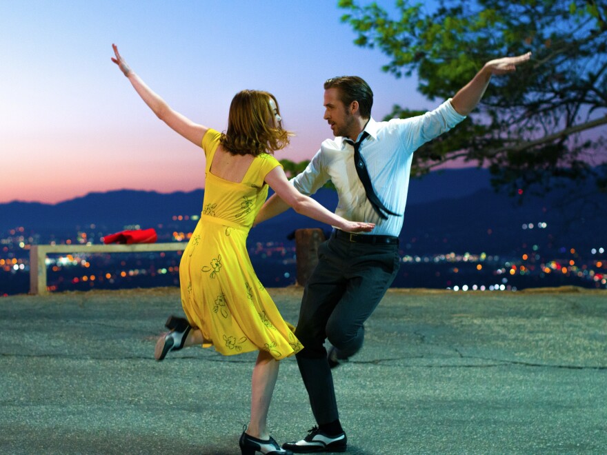 Emma Stone and Ryan Gosling in the musical comedy <em>La La Land</em>.