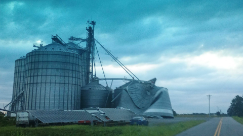 A grain barn damaged by the overnight storms of Aug. 19-20, 2026, near the Viola and Melber areas in western Kentucky, not far from the Graves-McCracken border.