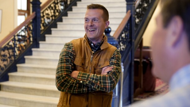 Rep. Jared Golden, D-Maine, speaks with supporters, Tuesday, Nov. 1, 2022, at the State House in Augusta, Maine.