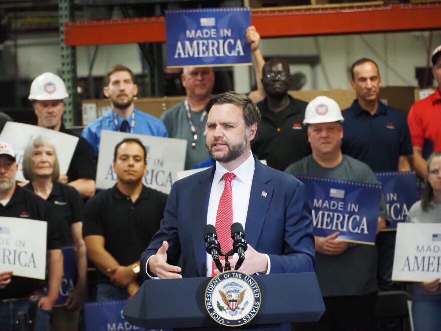 Vice President JD Vance spoke Monday, May 18, 2026, about the importance of bringing manufacturing jobs back to the United States at the Milbank Manufacturing company in Kansas City.