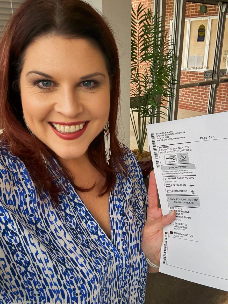 Newly elected Rep. Amanda Clinton, D-Tulsa, casts her ballot in House District 71.