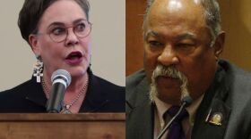 A split photo of a woman on the left and man on the right, both speaking into microphones.