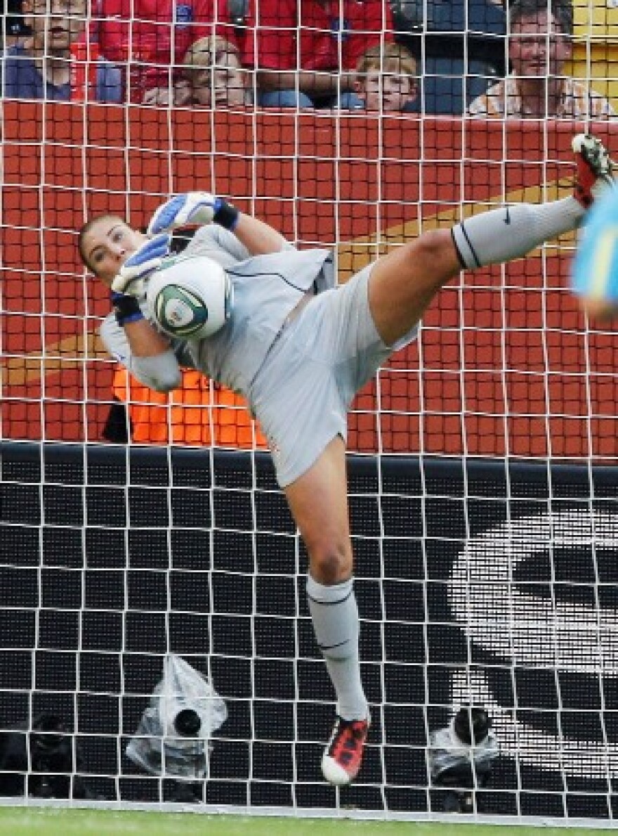 United States and former UW goalkeeper Hope Solo during the dramatic quarterfinal match between Brazil and the U.S. at the Women’s Soccer World Cup in Dresden, Germany, Sunday. The American women won the game 5-3 on penalty kicks.