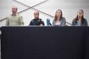 A panel of community leaders takes an audience question on immigration policy. They are (from left to right) Teton County Sheriff Matt Carr, Jackson Police Chief Michelle Webber, Teton County School District No. 1 Superintendent Gillian Chapman and immigration attorney Elisabeth Trefonas, also a public defender.