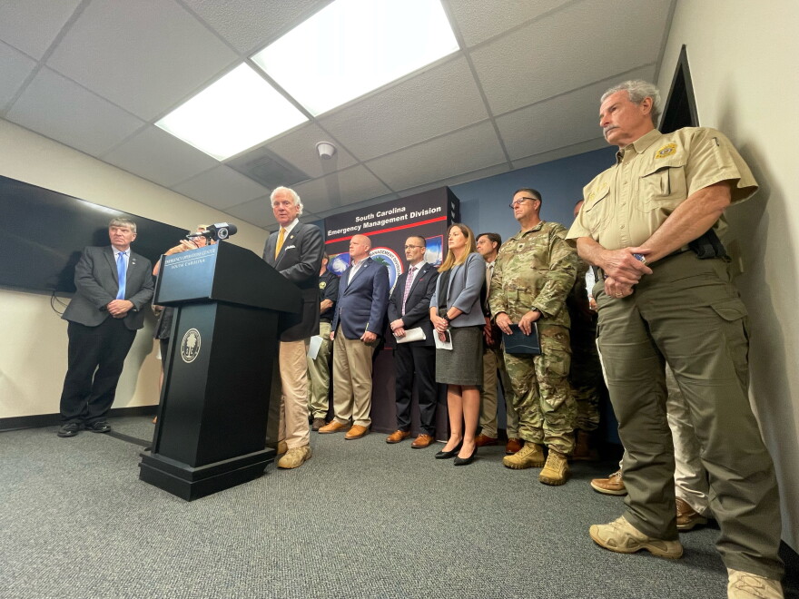 S.C. Gov. Henry McMaster and state officials hold a briefing on Tropical Storm Debby on Monday, Aug. 5, 2024.
