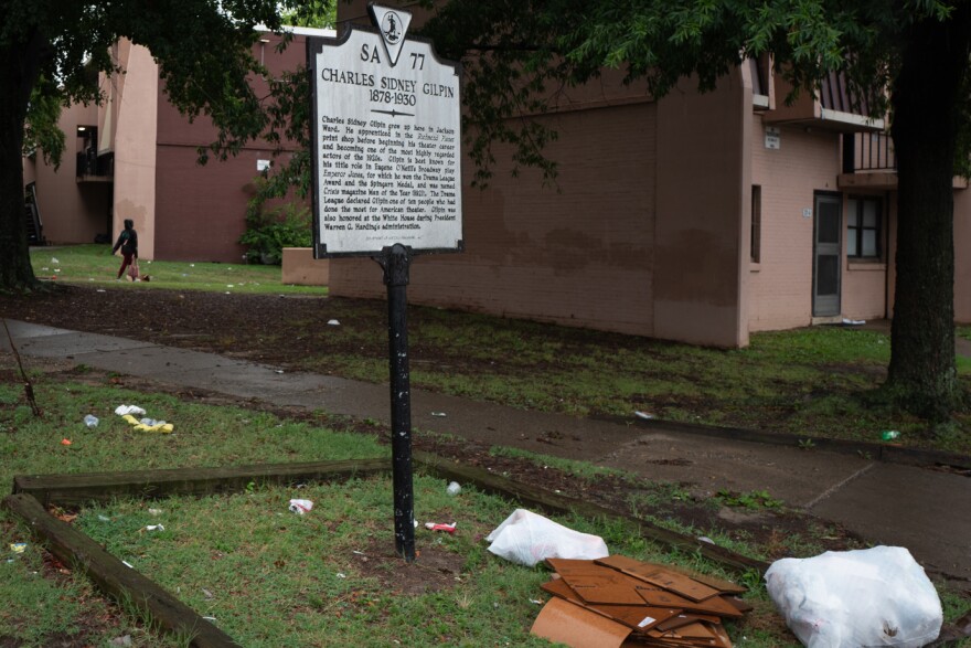 A sign pays homage to famed actor Charles Gilpin, namesake of the public housing community on the north side of Jackson Ward.