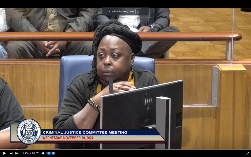 Tamara Jackson, director of New Orleans Social Aid and Pleasure Club Task Force, speaks during a meeting of the city council's criminal justice committee on Nov. 20, 2024.